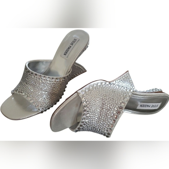 Holiday Rinestone Silver 8.5 Bling Sexy Sculpture Formal Heel Mule New - Picture 4 of 11